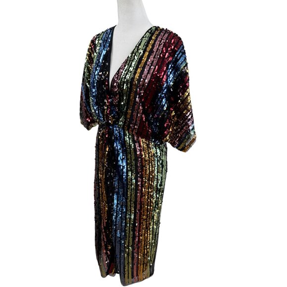 NWOT MANGO Sequin Rainbow Striped Dress – Deep V-Neck Party Dress - Picture 1 of 8